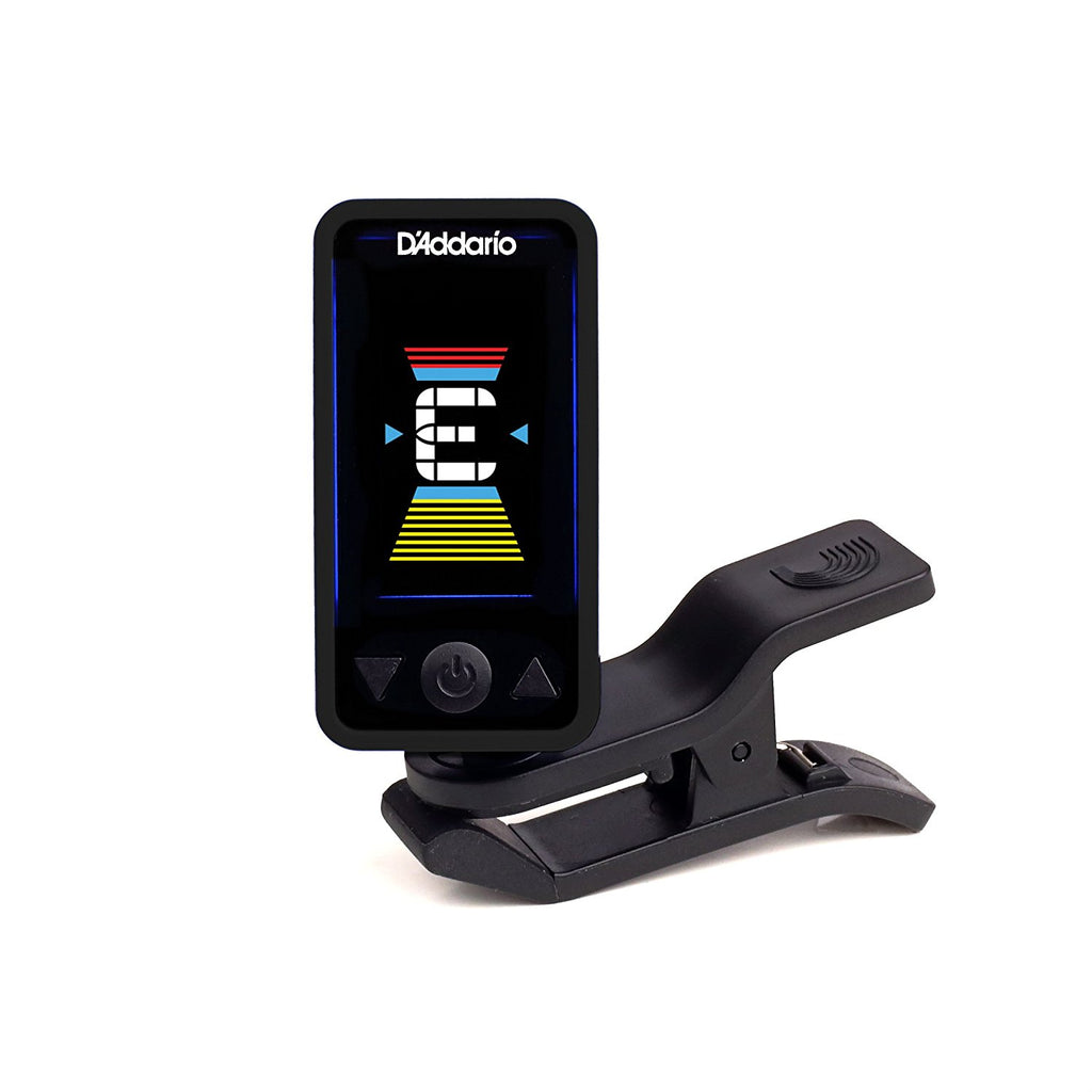 Black clip-on tuner with color display showing the note E and D'Addario branding.