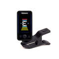 Black clip-on tuner with color display showing the note E and D'Addario branding.
