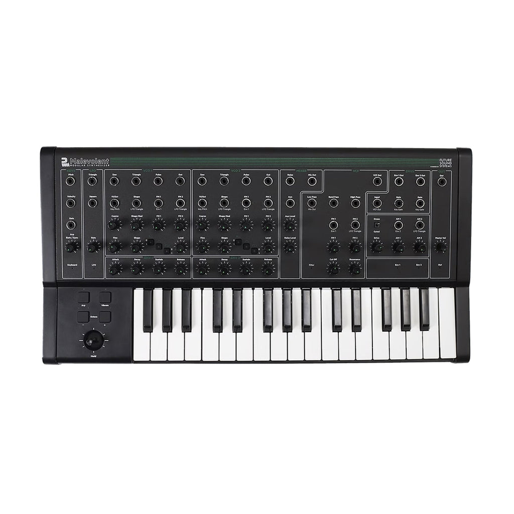 Black synthesizer keyboard with multiple knobs, buttons, keys, and patchable 1/4 inch jacks on top panel.