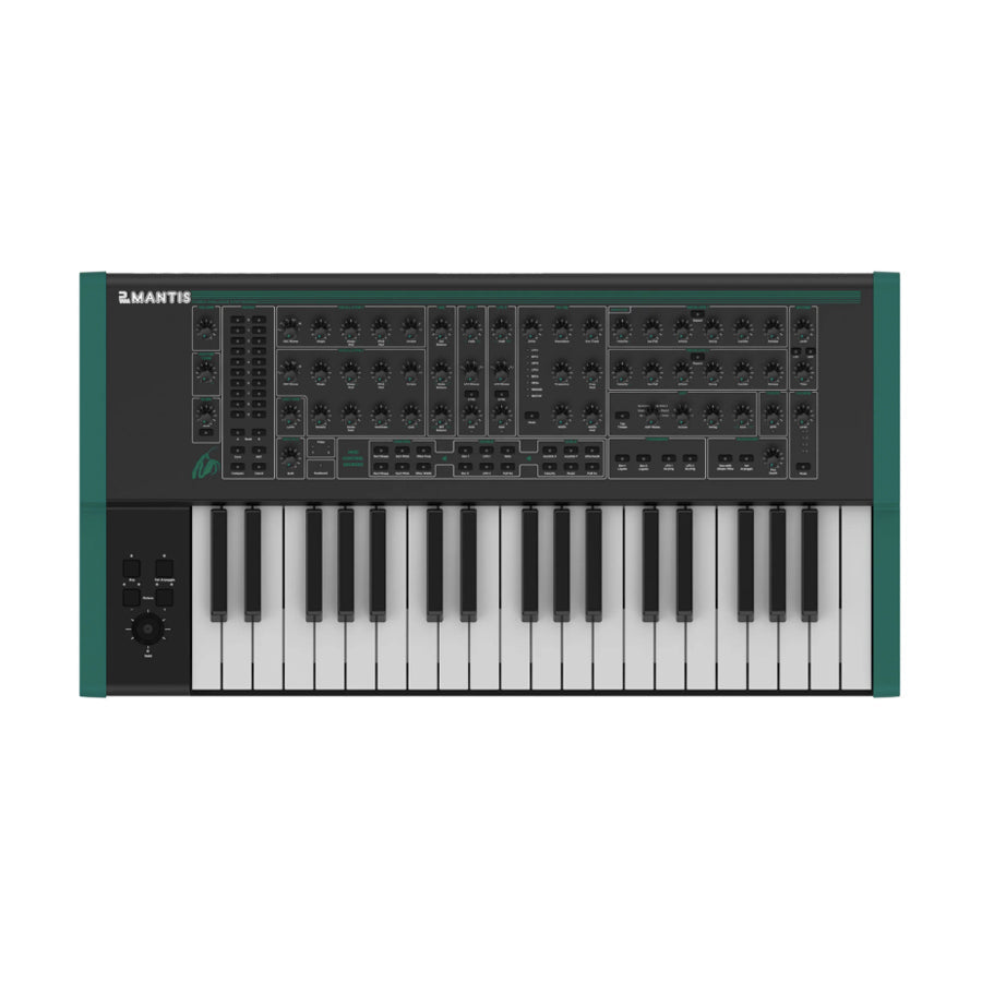 Top view of a black and green synthesizer keyboard with multiple knobs, buttons, and a pitch/modulation wheel.