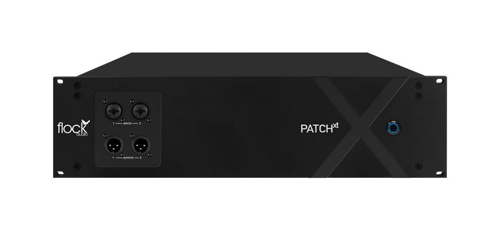 Front view of the Flock Audio PATCH XT, a 3U rackmount digitally controlled analog patchbay with a machined anodized front panel featuring two combo TRS/XLR inputs and two XLR outputs.