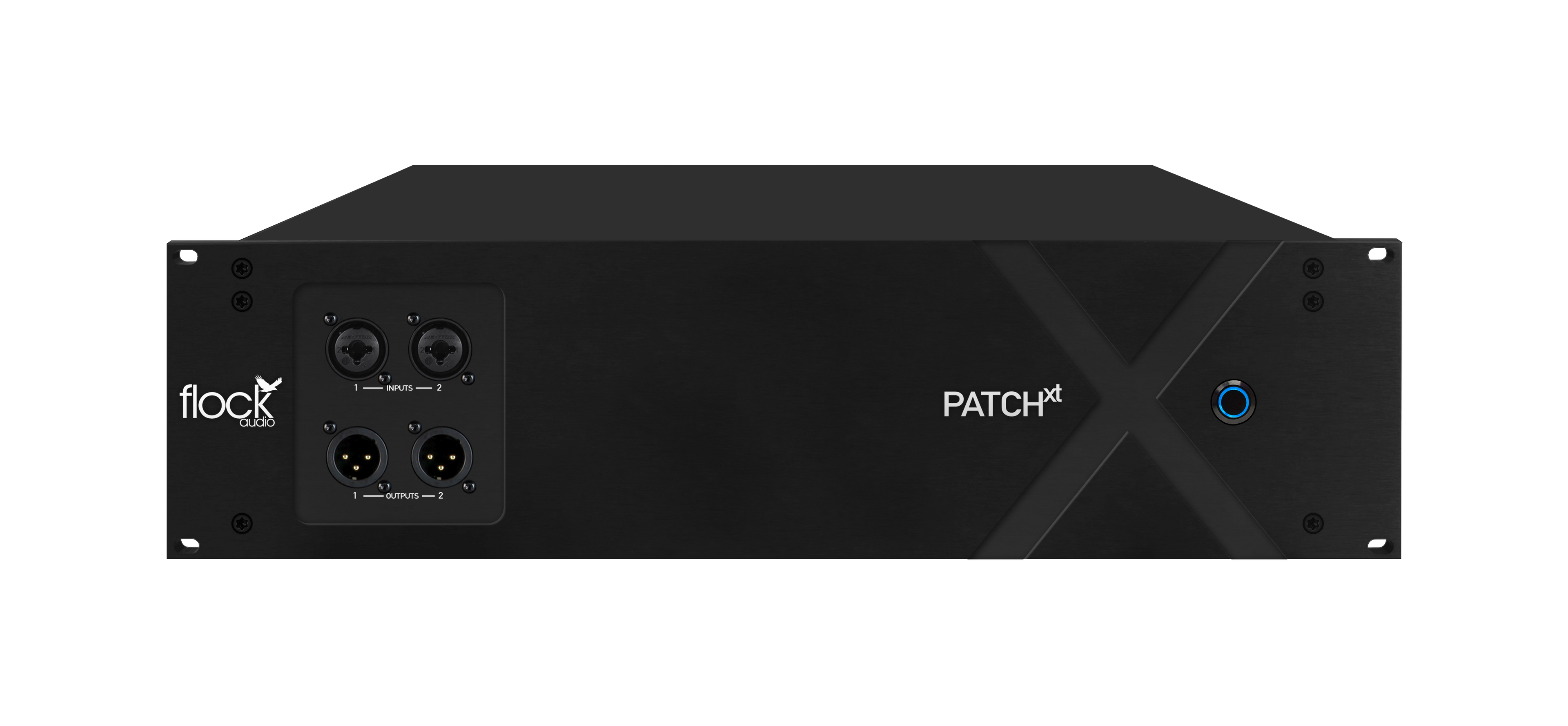 Front view of the Flock Audio PATCH XT, a 3U rackmount digitally controlled analog patchbay with a machined anodized front panel featuring two combo TRS/XLR inputs and two XLR outputs.