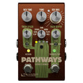 Brown guitar effects pedal with multiple knobs, switches, and two footswitches labeled Pathways Reverb & Tremolo by Source Audio.