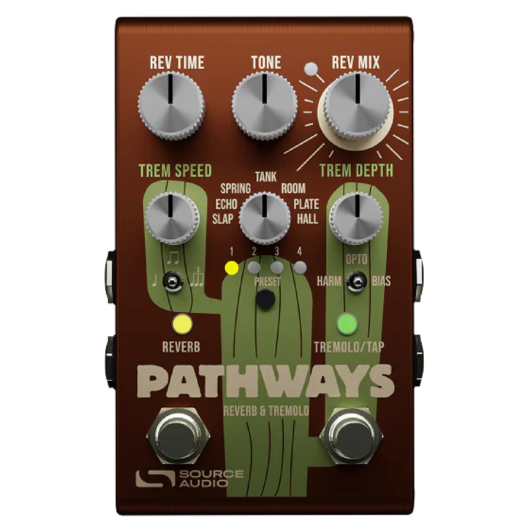 Brown guitar effects pedal with multiple knobs, switches, and two footswitches labeled Pathways Reverb & Tremolo by Source Audio.