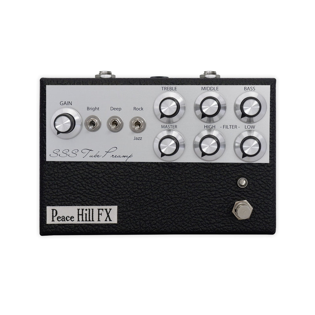 Black and silver guitar pedal preamp with knobs, toggle switches, footswitch, and Peace Hill FX branding.
