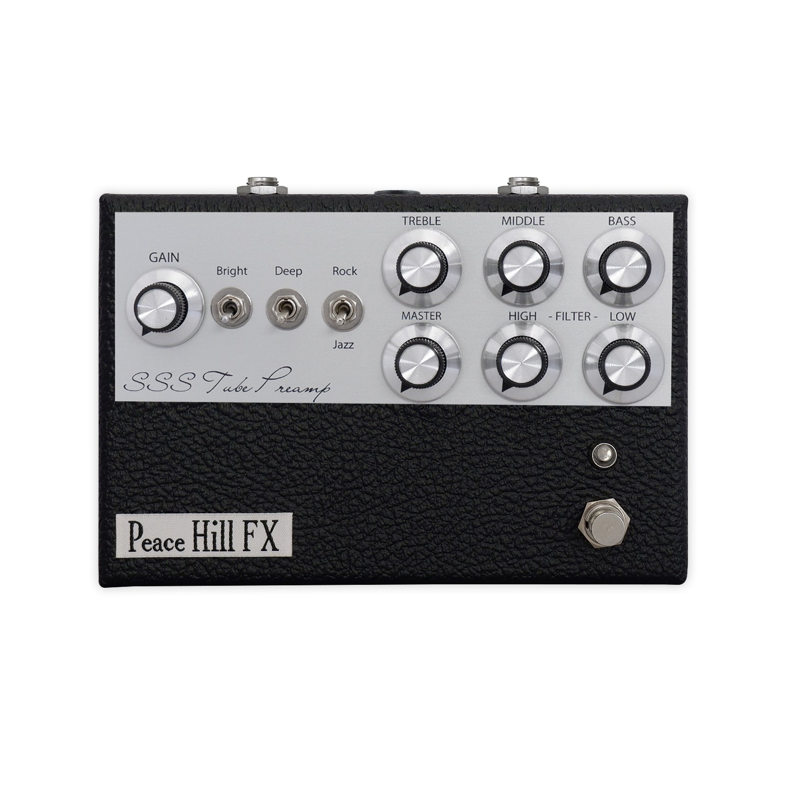 Black and silver guitar pedal preamp with knobs, toggle switches, footswitch, and Peace Hill FX branding.