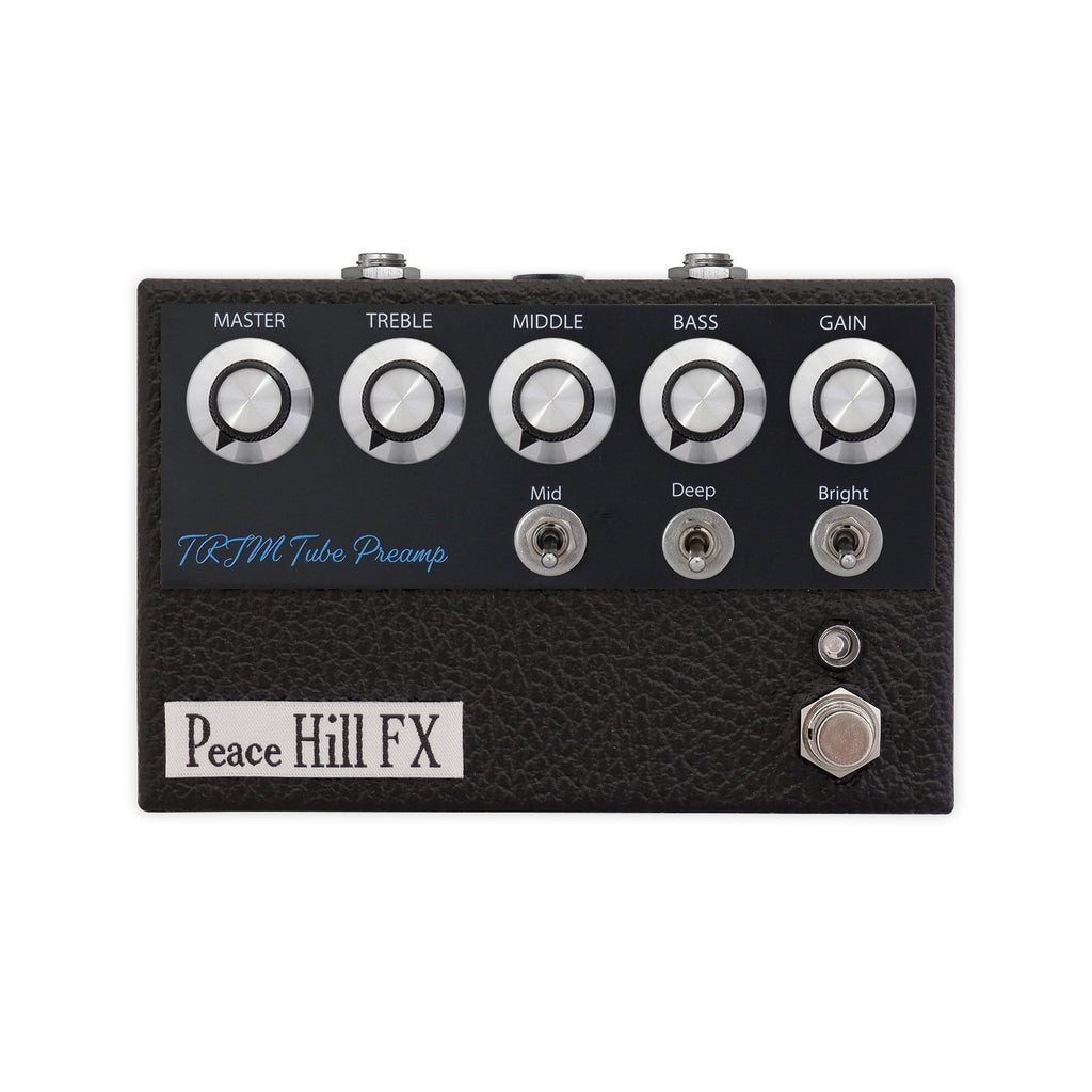 Black guitar preamp pedal with five control knobs, three toggle switches, and one footswitch labeled Peace Hill FX.