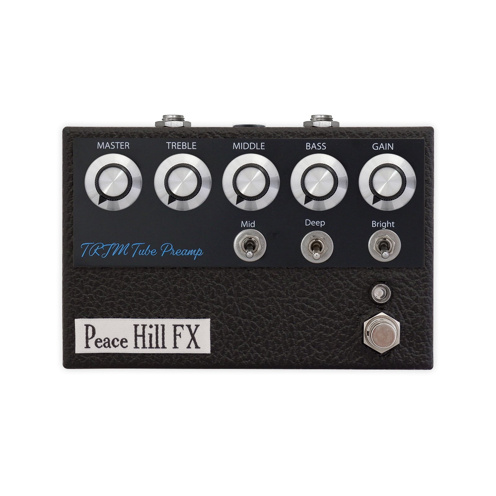 Black guitar preamp pedal with five control knobs, three toggle switches, and one footswitch labeled Peace Hill FX.