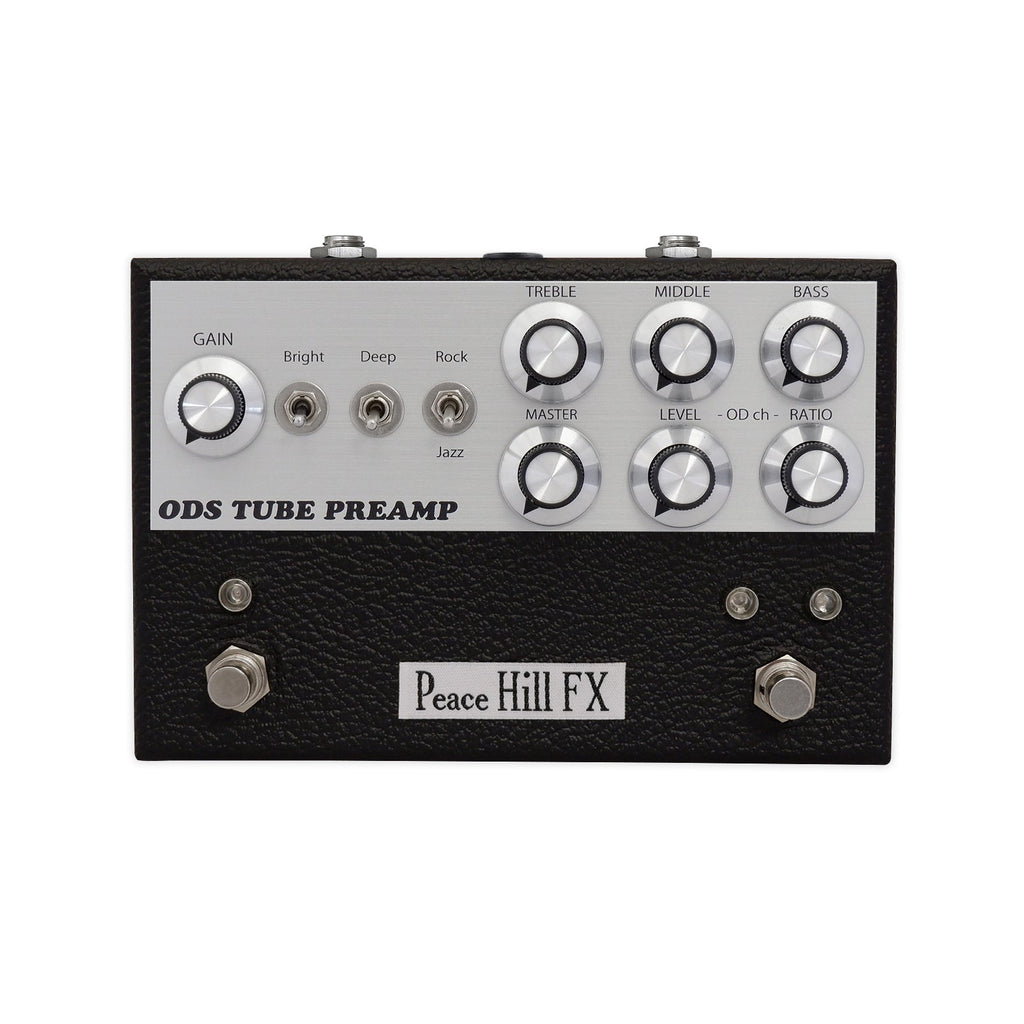 Black and silver guitar preamp pedal with multiple knobs, toggle switches, and two footswitches labeled Peace Hill FX.