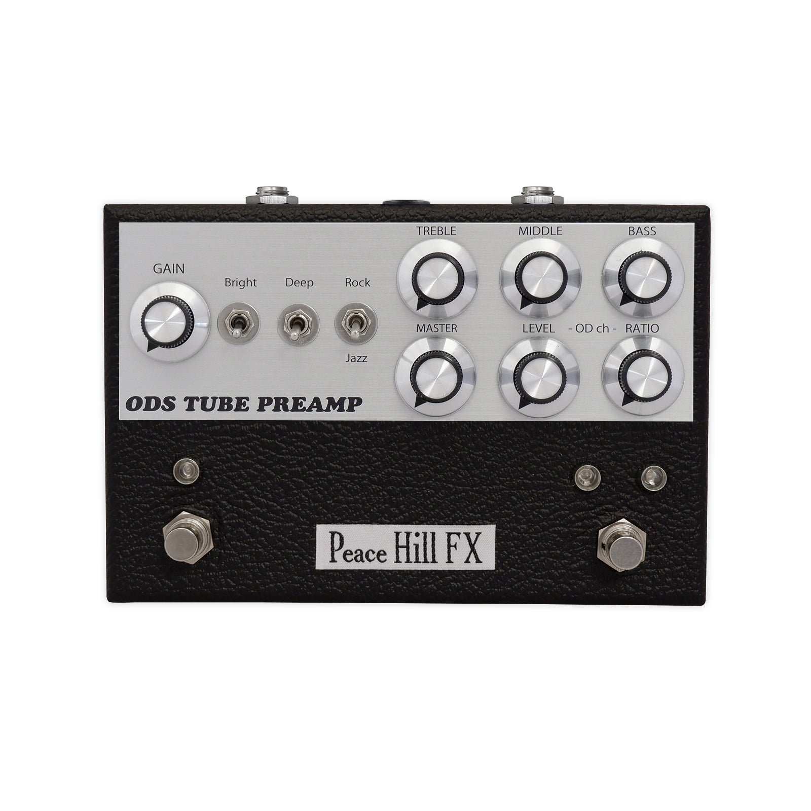 Black and silver guitar preamp pedal with multiple knobs, toggle switches, and two footswitches labeled Peace Hill FX.
