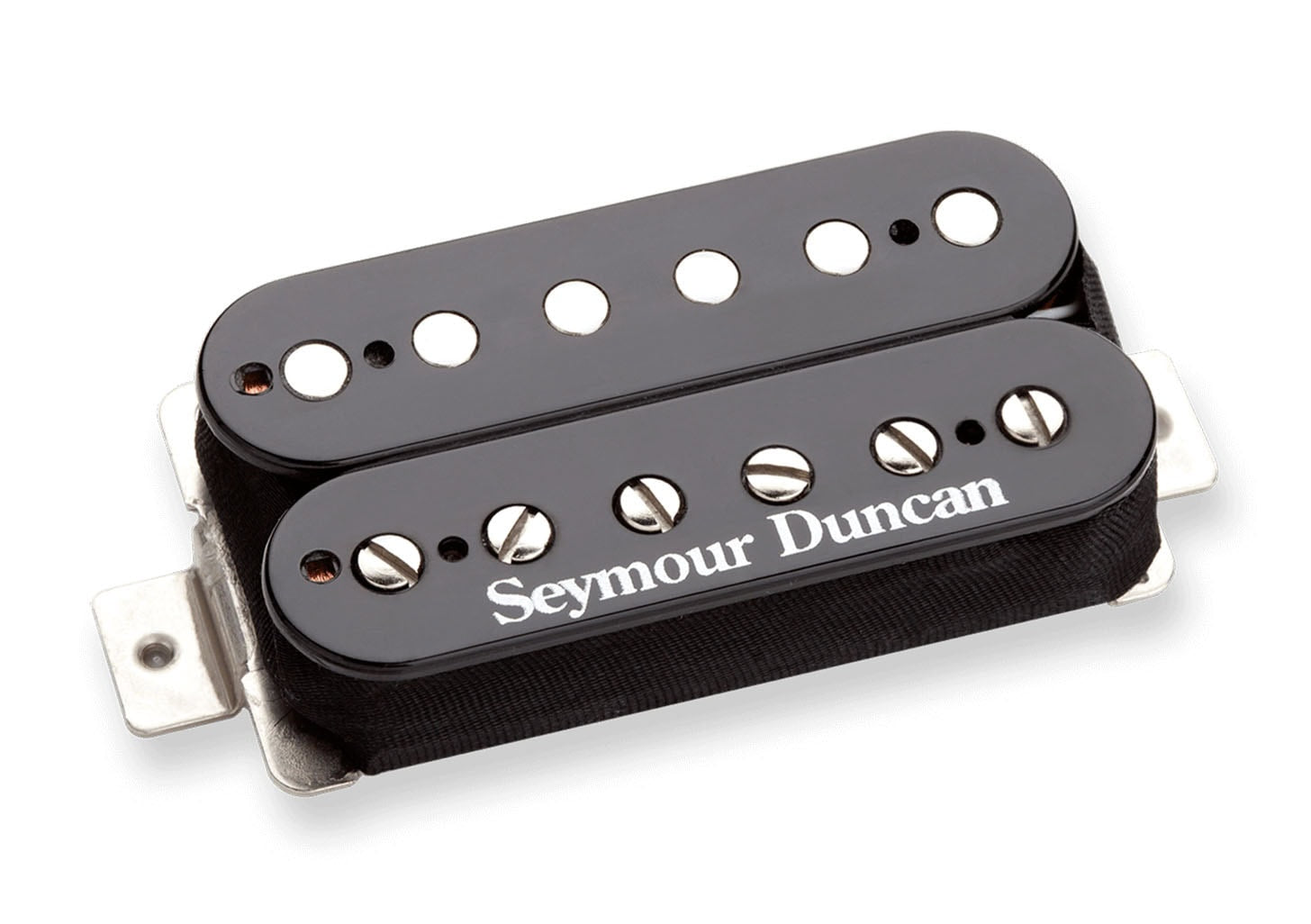 Black double-coil guitar pickup with metal mounting base and white Seymour Duncan logo.