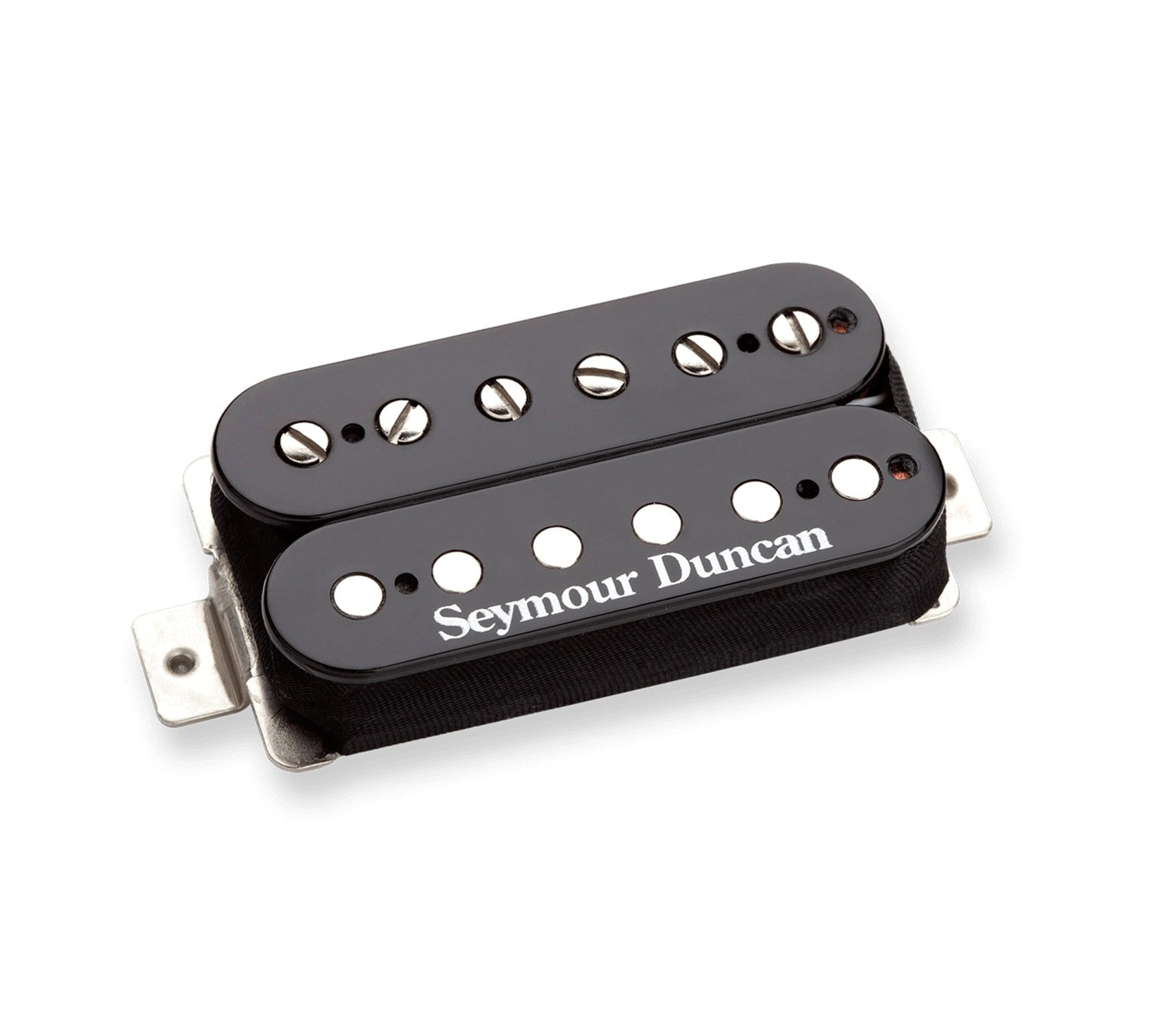 Black Seymour Duncan humbucker pickup with six adjustable screws on one coil and six pole pieces on the other.