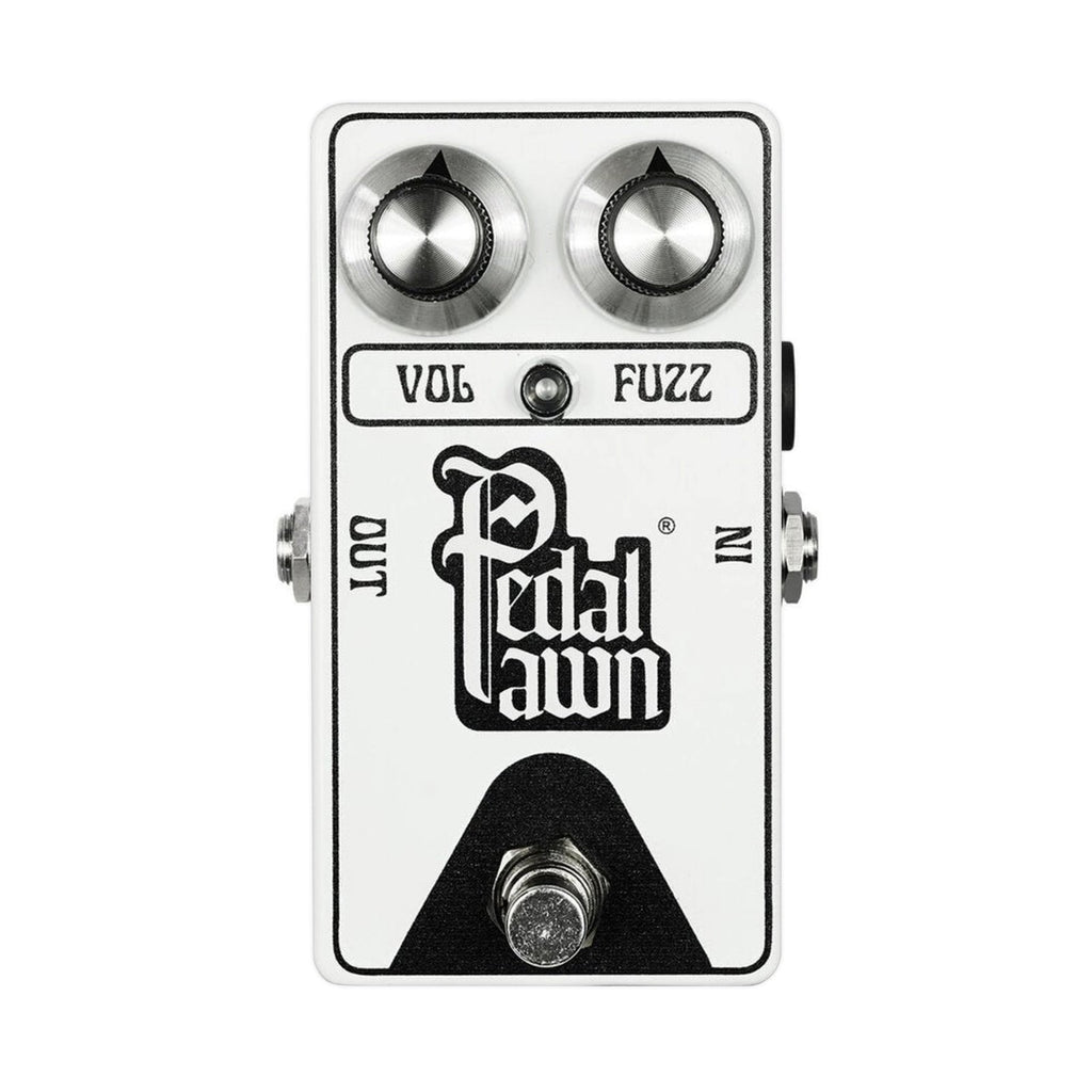 White guitar effects pedal with two knobs labeled Vol and Fuzz and a footswitch with Pedal Pawn branding.