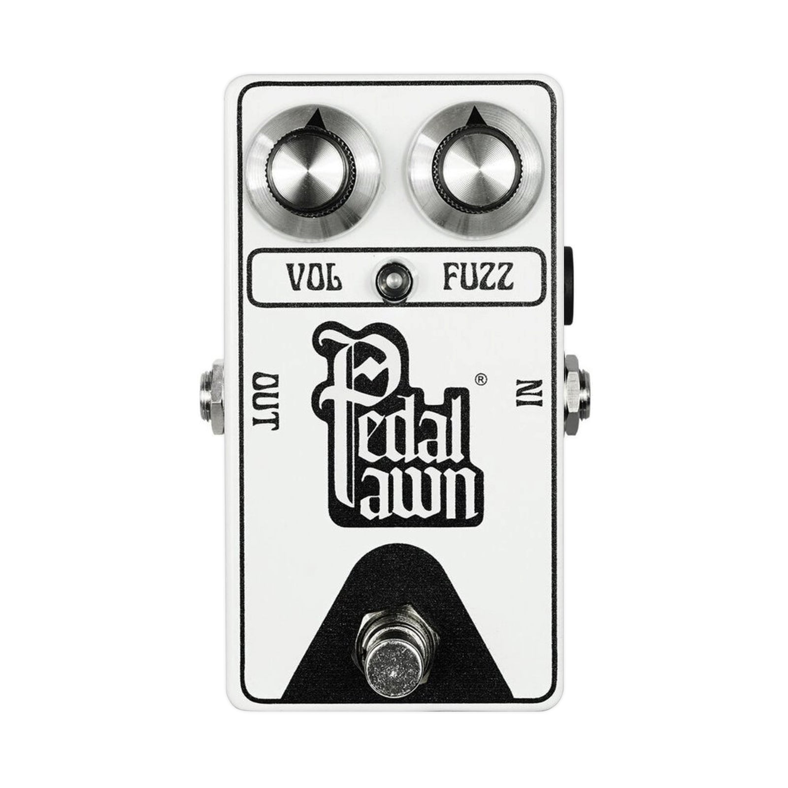 White guitar effects pedal with two knobs labeled Vol and Fuzz and a footswitch with Pedal Pawn branding.