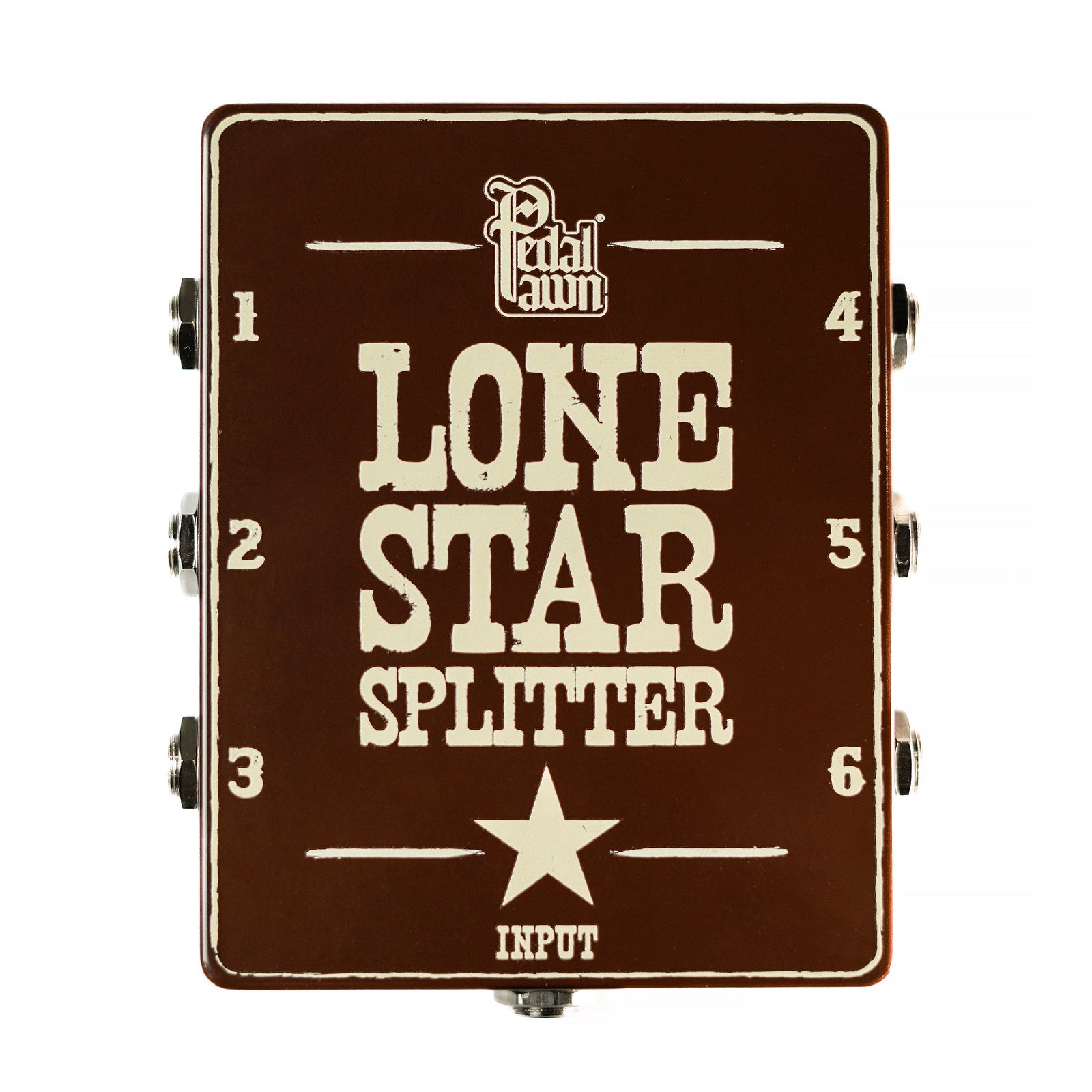 Brown Pedal Pawn Lone Star Splitter device with six numbered audio input/output jacks visible on sides.