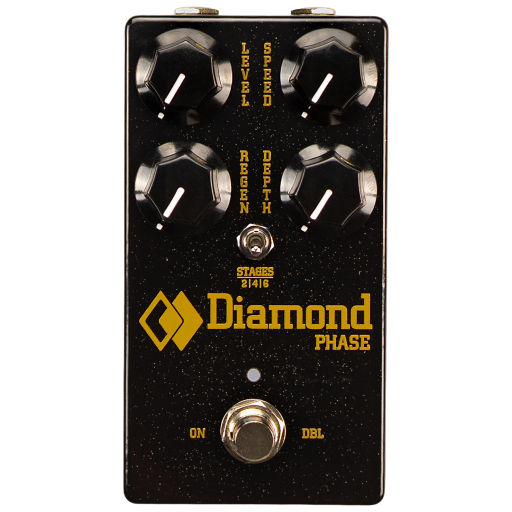 Black guitar effects pedal with four knobs, a toggle switch, and a footswitch labeled Diamond Phase.