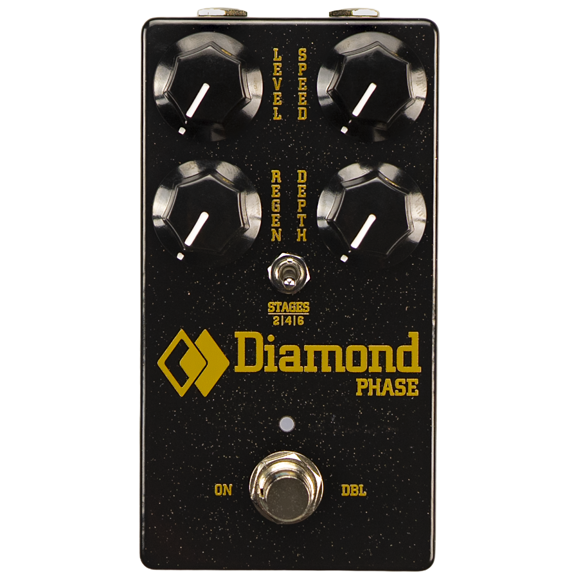 Black guitar effects pedal with four knobs, a toggle switch, and a footswitch labeled Diamond Phase.