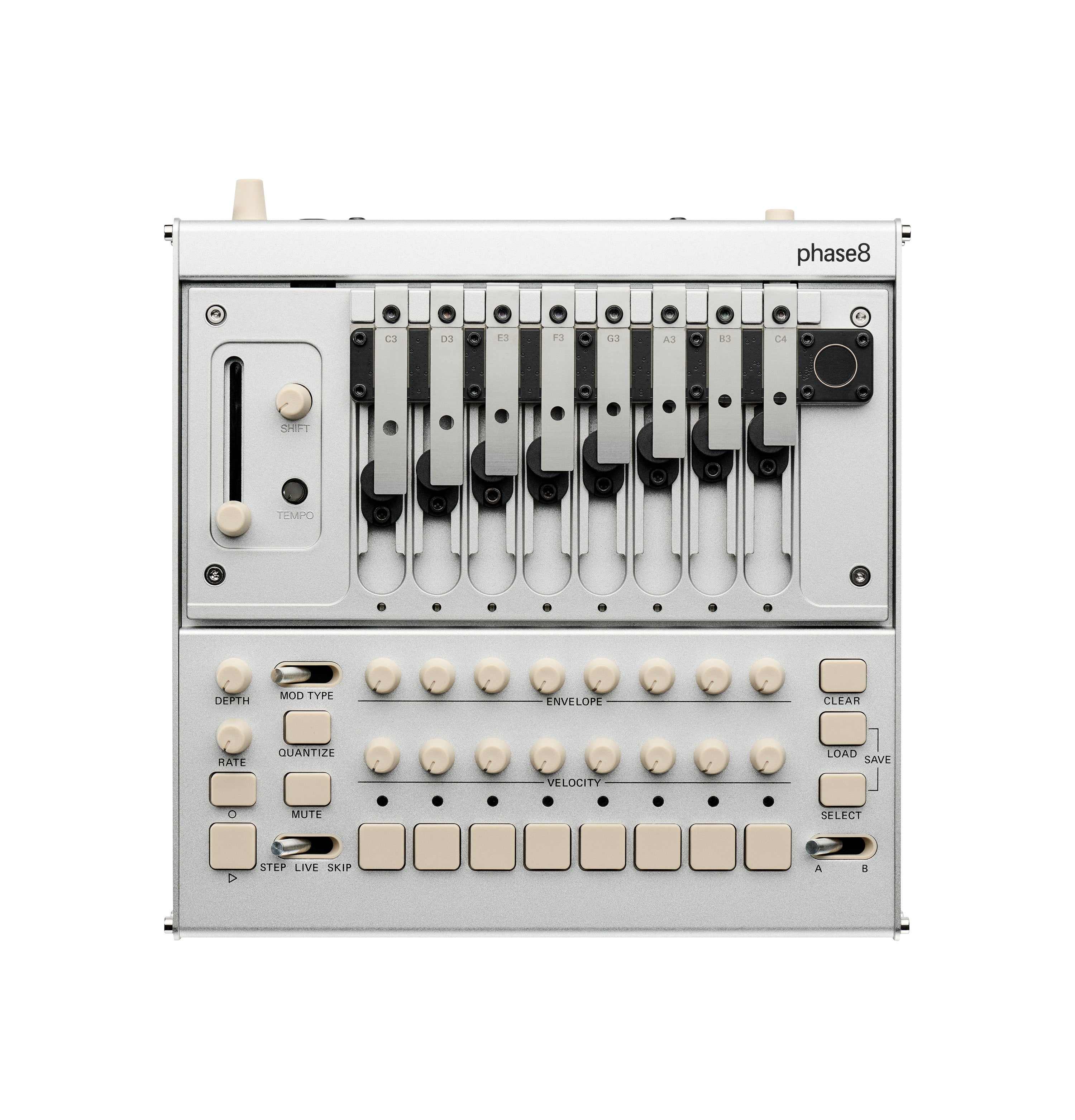 Top view of a silver control panel with eight sliding controls labeled with musical notes and various knobs, buttons, and switches.