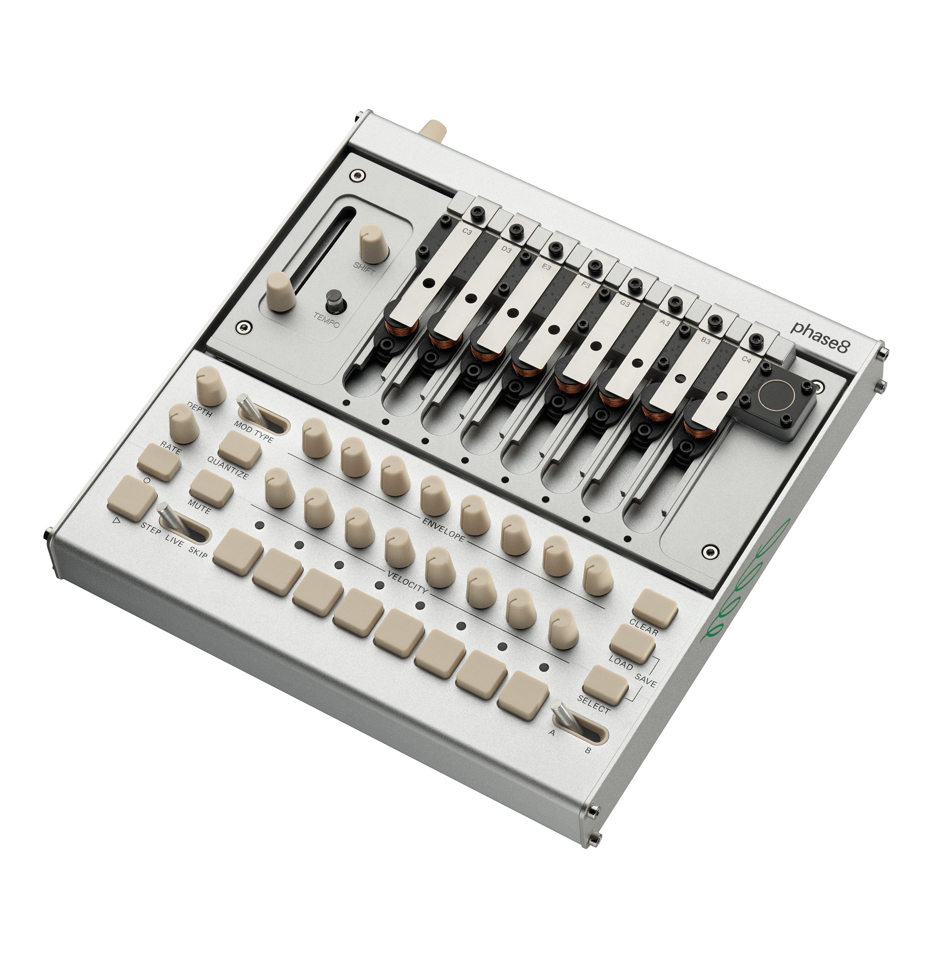 Silver electronic device with eight metal keys, multiple knobs, switches, and buttons arranged on its surface.