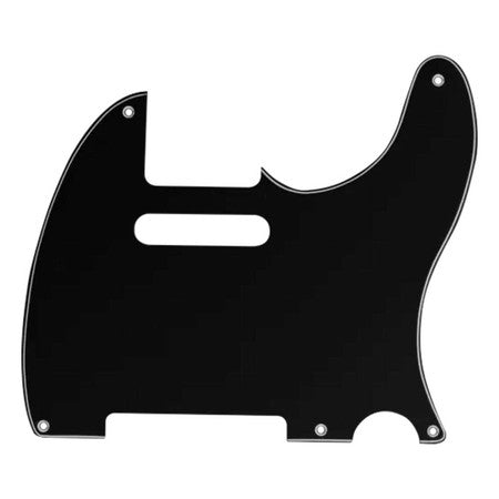 Black pickguard plate with multiple mounting holes and cutouts for guitar components.