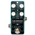 Black and teal guitar effects pedal with four knobs, two audio jacks, and one footswitch labeled Shimmer cosmic reverb.