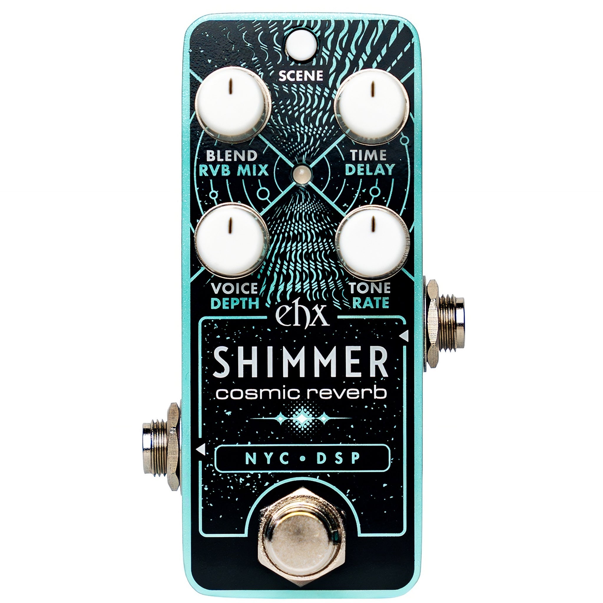Black and teal guitar effects pedal with four knobs, two audio jacks, and one footswitch labeled Shimmer cosmic reverb.
