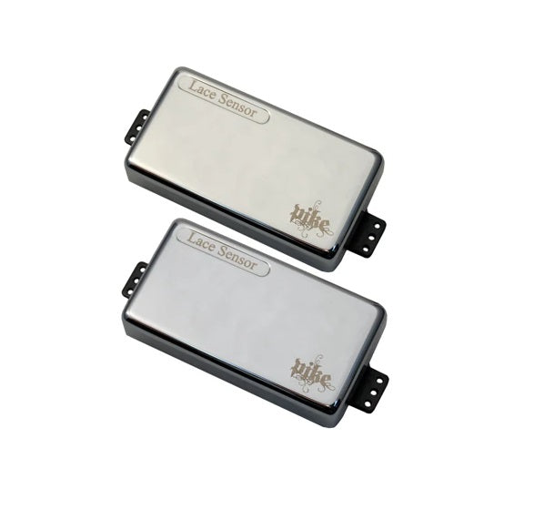 Two chrome rectangular guitar pickups labeled Lace Sensor and mike on white background.