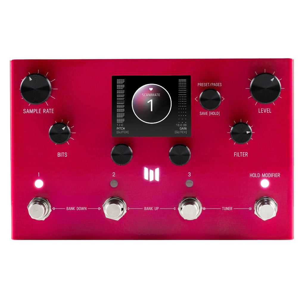 Top view of a pink audio effects pedal with knobs, footswitches, and a screen displaying a preset.