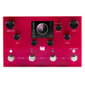 Top view of a pink audio effects pedal with knobs, footswitches, and a screen displaying a preset.