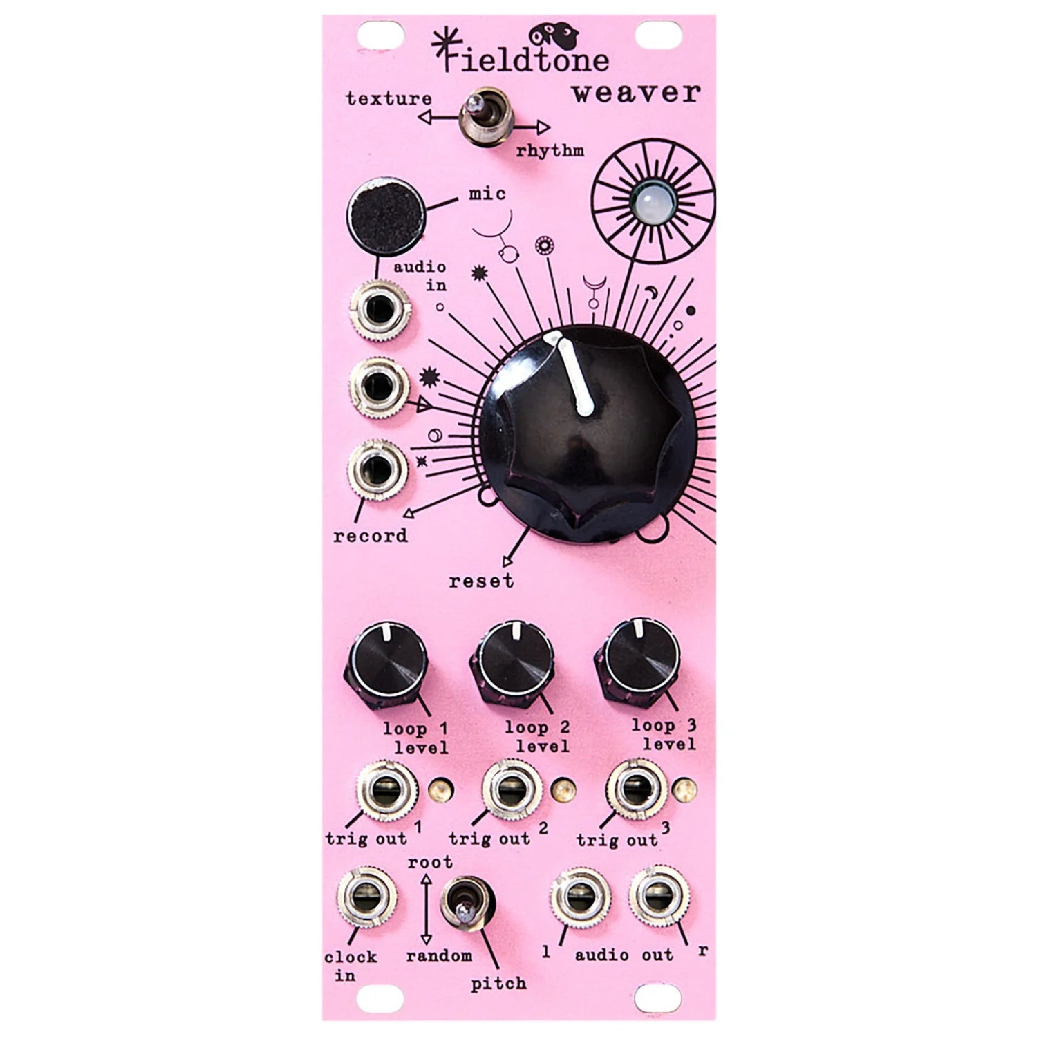 Front view of a dusty pink Fieldtone Weaver module with knobs, switches, and 3.5mm audio jacks.