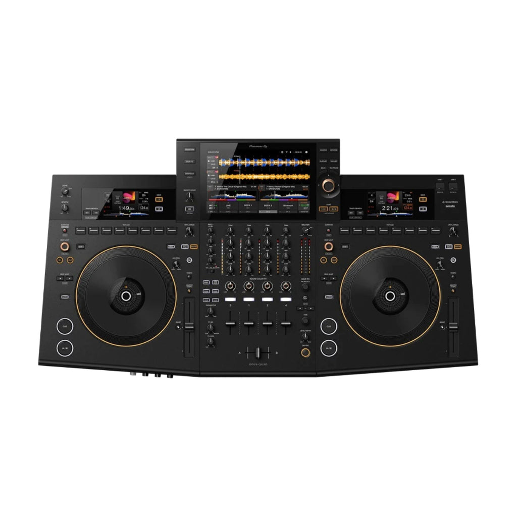 Black DJ controller with dual jog wheels, multiple knobs and faders, and three digital displays showing waveforms and track info.