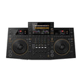 Black DJ controller with dual jog wheels, multiple knobs and faders, and three digital displays showing waveforms and track info.