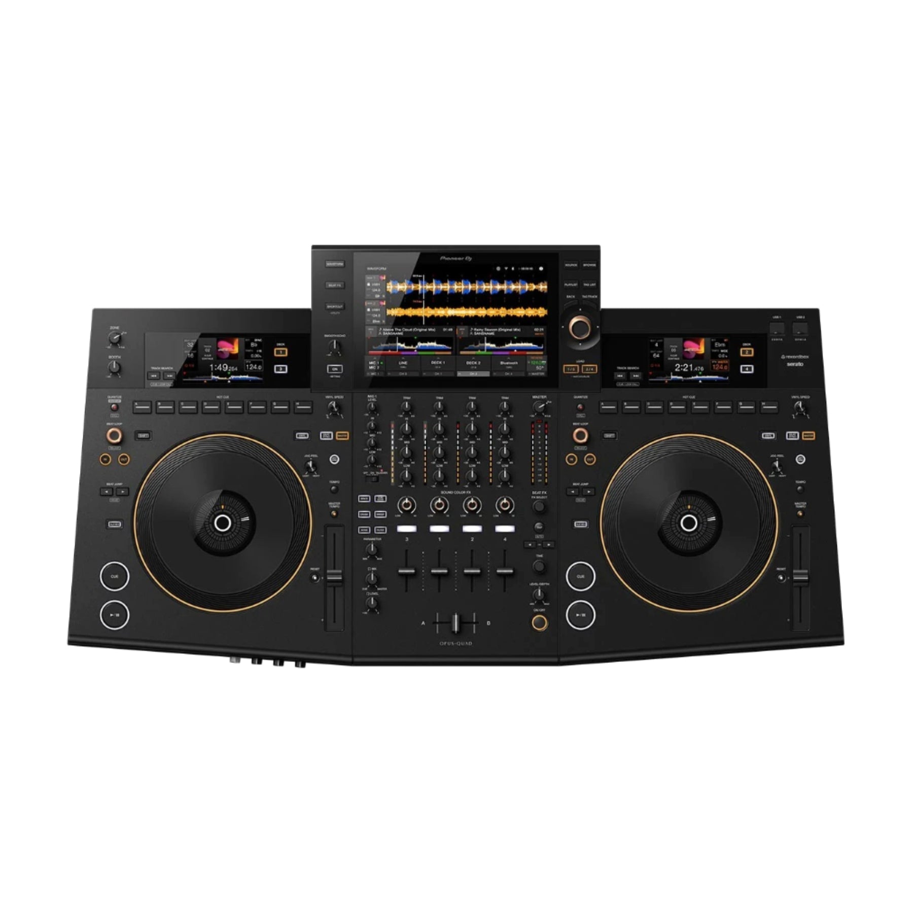 Black DJ controller with dual jog wheels, multiple knobs and faders, and three digital displays showing waveforms and track info.