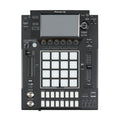 Top view of a black Pioneer DJ sampler with pads, knobs, buttons, LCD screen, and USB port.