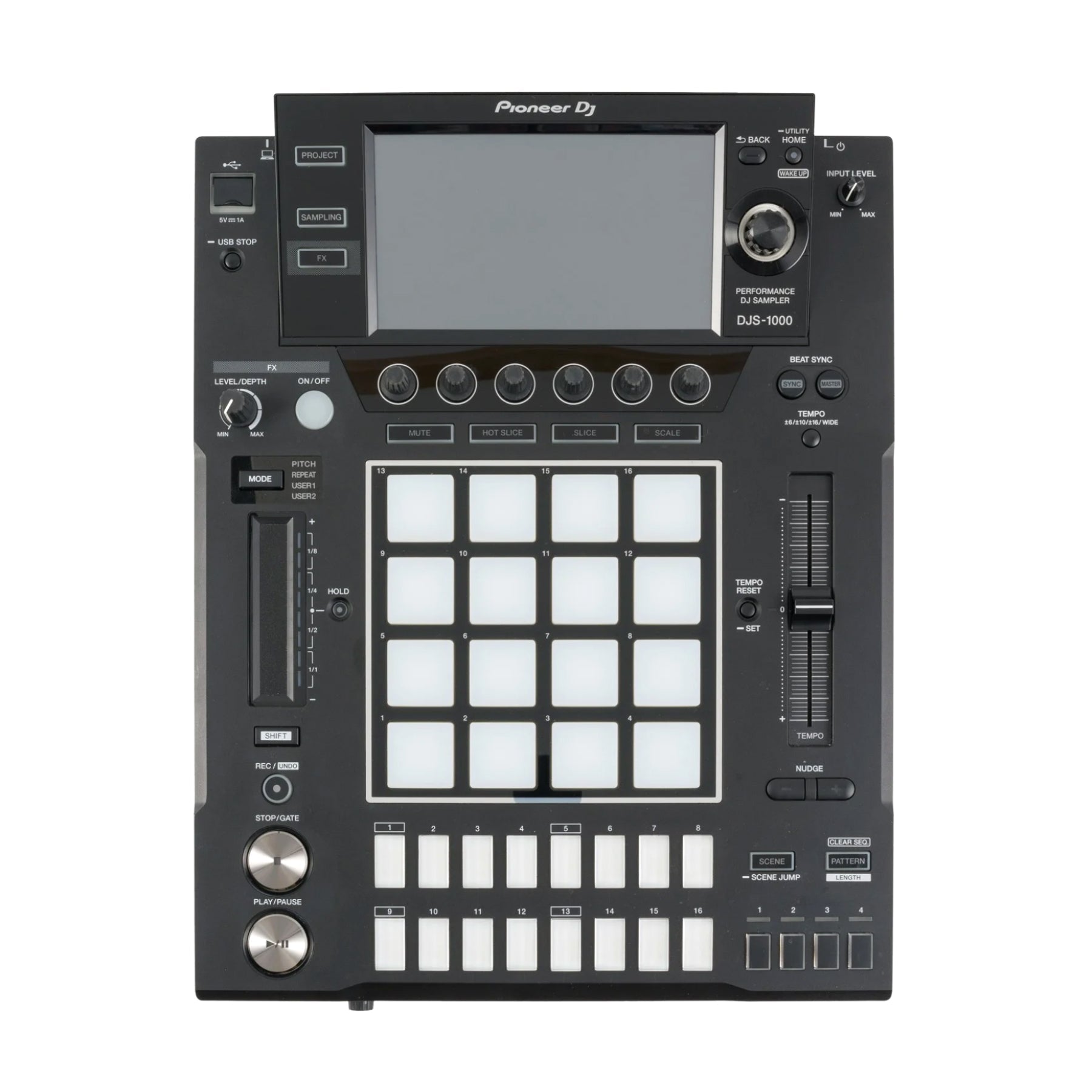 Top view of a black Pioneer DJ sampler with pads, knobs, buttons, LCD screen, and USB port.