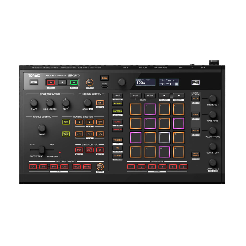 Top view of a black music sequencer with multiple pads, knobs, buttons, and a small screen.