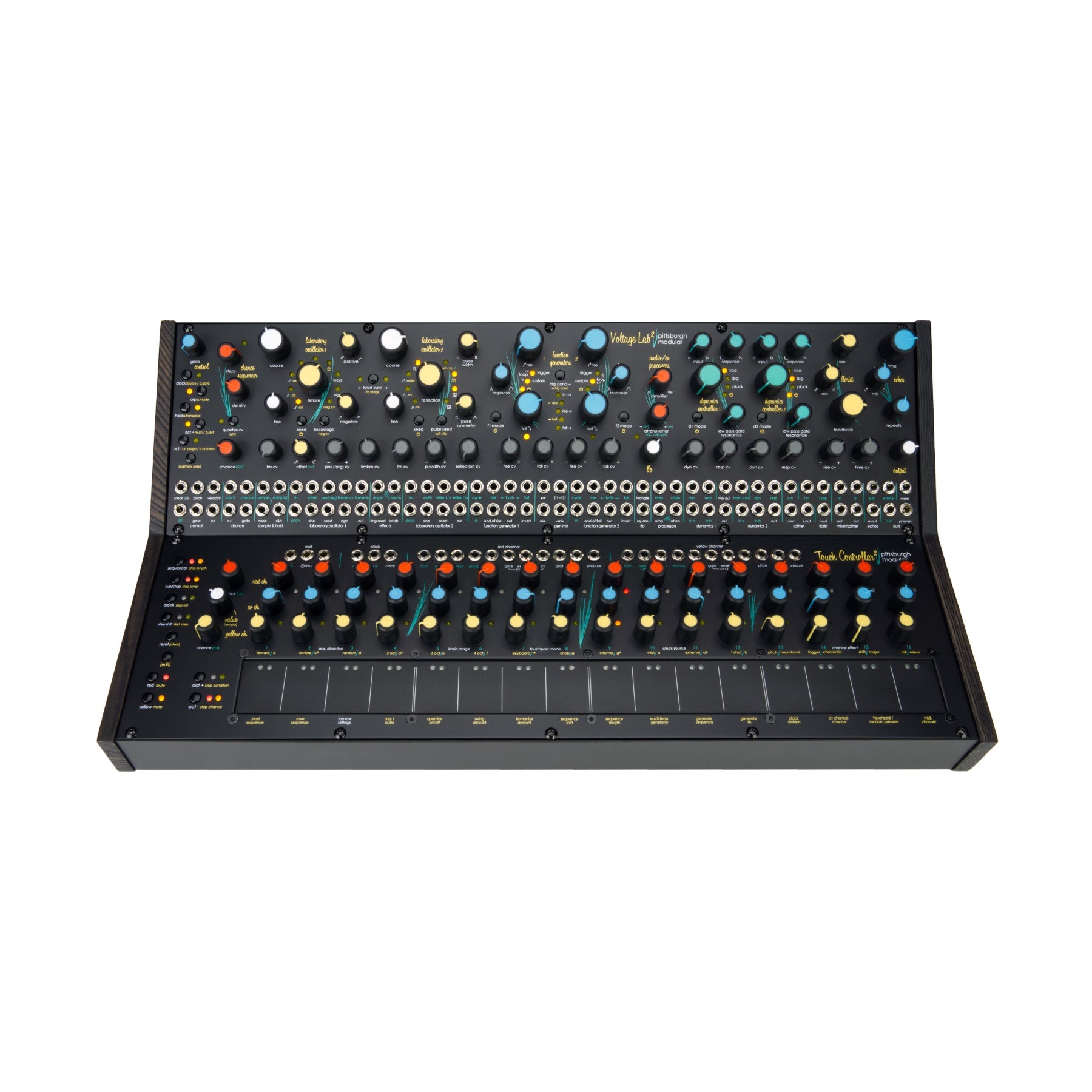 Black modular synthesizer with multiple knobs, buttons, jack connectors, and touch pads in two tiers.