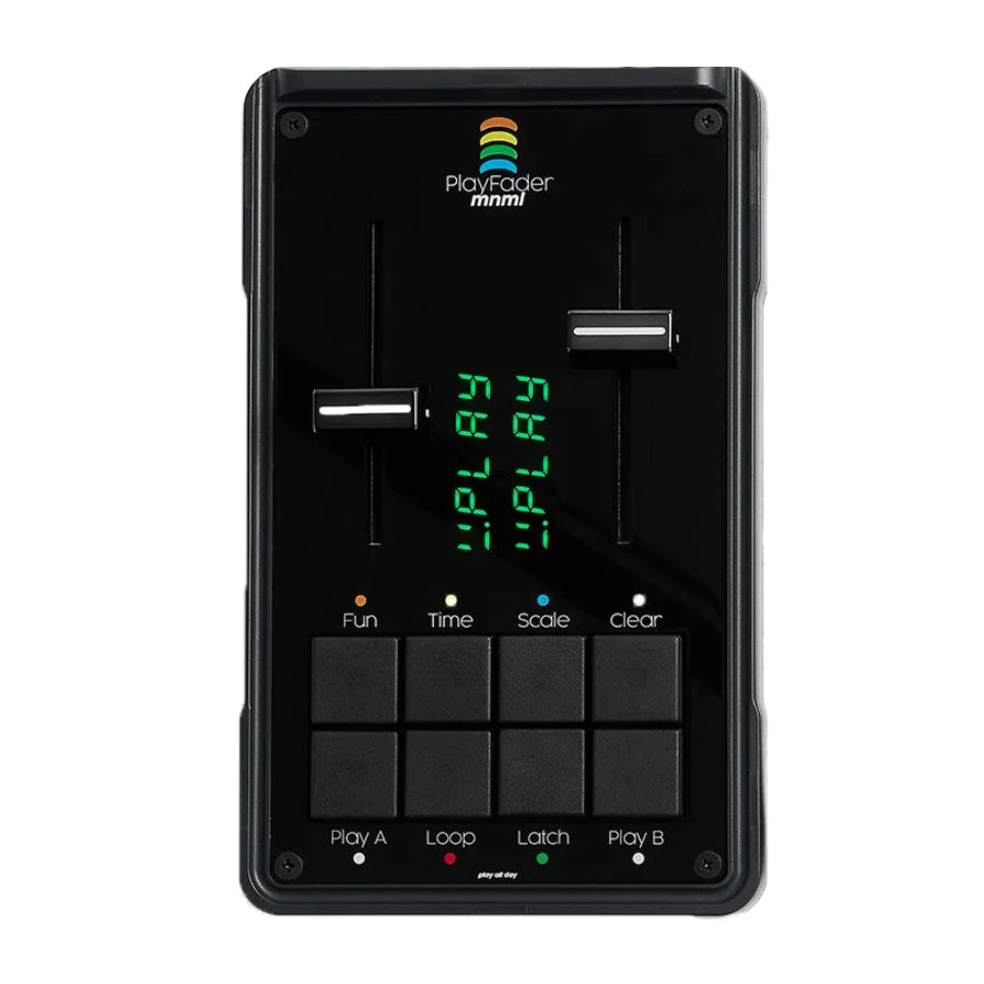 Black Play Fader mnml device with two faders, eight square buttons, and a small LED display.