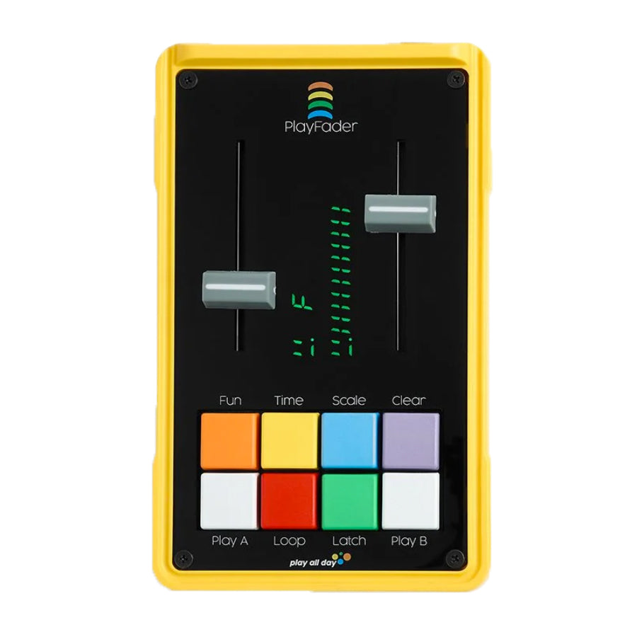 Yellow PlayFader device with two gray sliders and eight colorful square buttons on a black panel.
