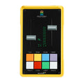 Yellow PlayFader device with two gray sliders and eight colorful square buttons on a black panel.