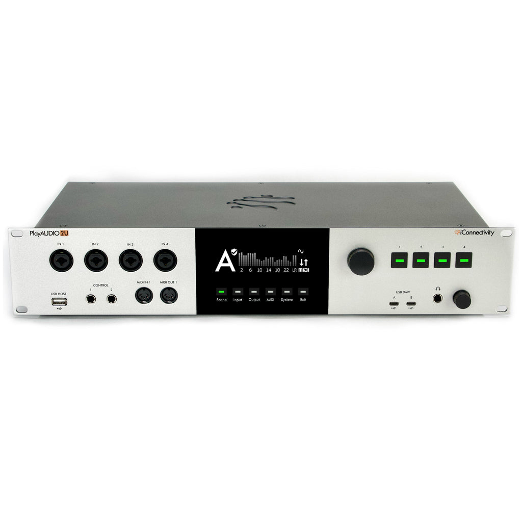 Front view of a silver and black rackmount audio interface with inputs, MIDI ports, USB, display, and control knobs.
