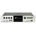 Front view of a silver and black rackmount audio interface with inputs, MIDI ports, USB, display, and control knobs.