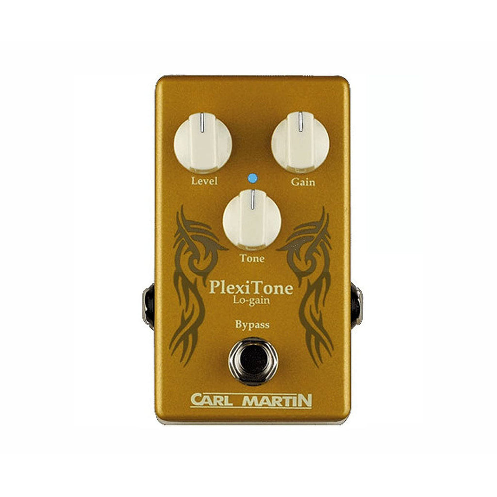 Gold-colored effects pedal with three white knobs, one footswitch, and tribal-style black graphics.