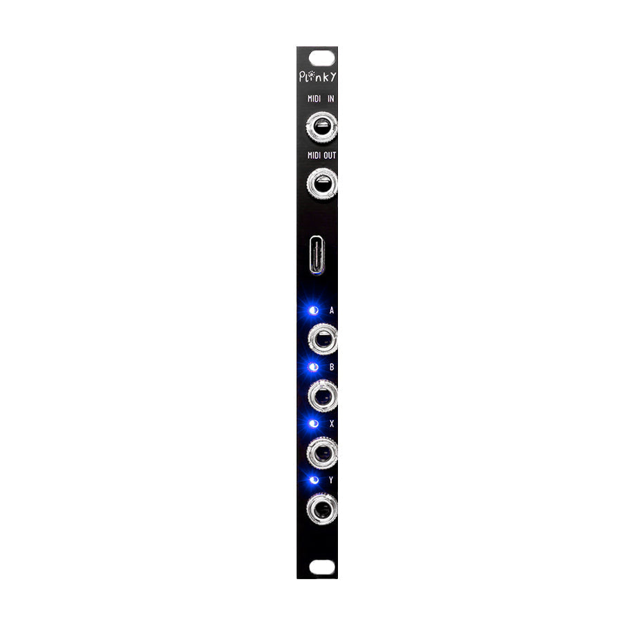 Slim black audio module panel with MIDI in/out jacks, USB Type-C port, and four illuminated jacks labeled A, B, X, Y.