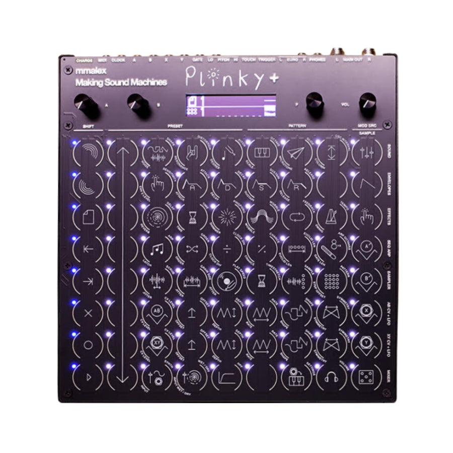 Top view of a black Plinky+ sound machine with multiple illuminated buttons, knobs, and interface screen.