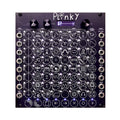 Front view of Plinky V3 synthesizer module with rotary knobs, circular button grid, LED indicators, and multiple input/output jacks.