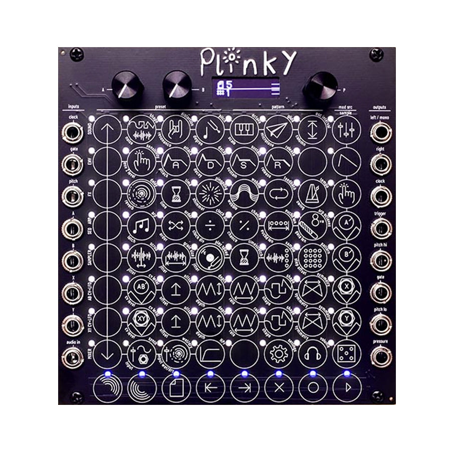 Front view of Plinky V3 synthesizer module with rotary knobs, circular button grid, LED indicators, and multiple input/output jacks.