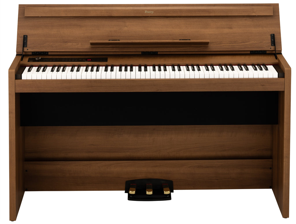 Brown digital piano with keyboard, three foot pedals, control panel with buttons, knob, and digital display.
