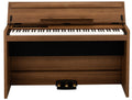 Brown digital piano with keyboard, three foot pedals, control panel with buttons, knob, and digital display.