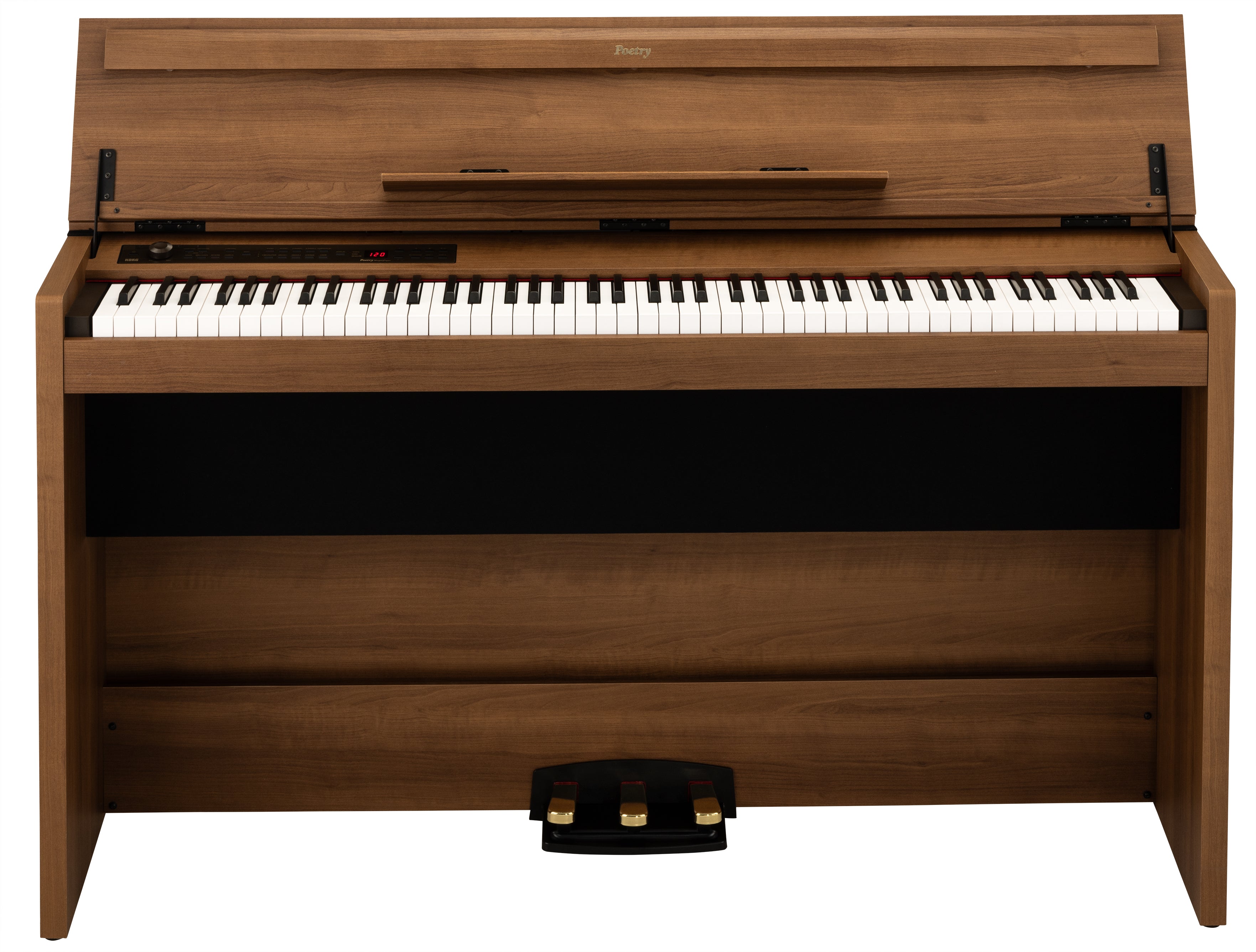 Brown digital piano with keyboard, three foot pedals, control panel with buttons, knob, and digital display.